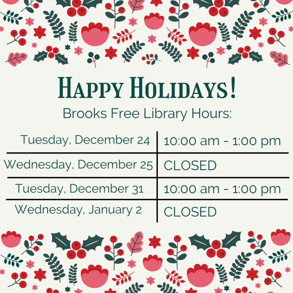 Holiday-style graphic with green and red images ranging from holly trees, flowers, berries.